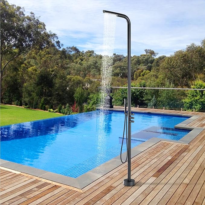 RBROHANT Outdoor Shower Brass Outside Shower Kit for Backyard Garden Pool Beach, Freestanding Outdoor Shower Fixtures with Overhead Shower Head and Handheld, Floor Mounted, Matte Black, RB0091