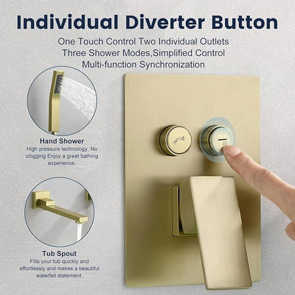 Wall Mount Bathtub Faucet Set Included 180°Swivel bathroom Tub Filler faucets and handheld Shower，high Flow Tub Spout with Solid Brass Push-button Diverter Pressure Balance Valve,Brushed Gold