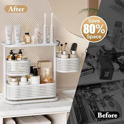 KINGRACK 3-Tier Rotating Bathroom Organizer, Countertop Vanity Tray, Spice Rack Storage, Easy to Assembly Space-Saving Organizer for Bathroom, Kitchen, Laundry Room, White