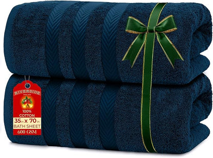 RIVERSIDE Pack of 2 Extra Large Bath Sheets 35 x 70 Inches - 100% Ring Spun Cotton Hotel Quality Oversized Bath Towels - Super Soft, Highly Absorbent & Quicker to Dry - Blue Opal