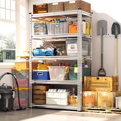 REIBII Storage Shelves 2020LBS Garage Shelving Heavy Duty 5 Tier Metal Shelving Adjustable Pantry Shelves for Garage Pantry Closet Kitchen Basement 28" W x 12" D x 59.8" H, Silver