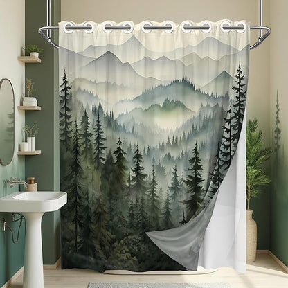 Forest Hookless Shower Curtain with Snap in Liner Set, Nature Mountain No Hook Shower Curtains for Bathroom, Double Layer Ringless, Liner with Magnets, Waterproof Cloth Fabric, 71" W x 74" L