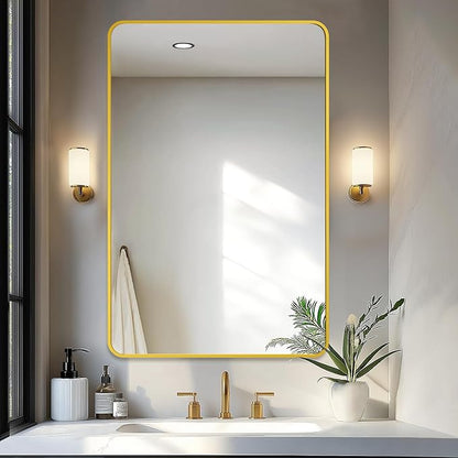 Delma Bathroom Mirror, Sleek Wall Mirror for Over Sink, Tempered Glass, Anti-Rust, Hangs Horizontally or Vertically for Bathrooms, Bedrooms & Entryways(40x28, Gold)