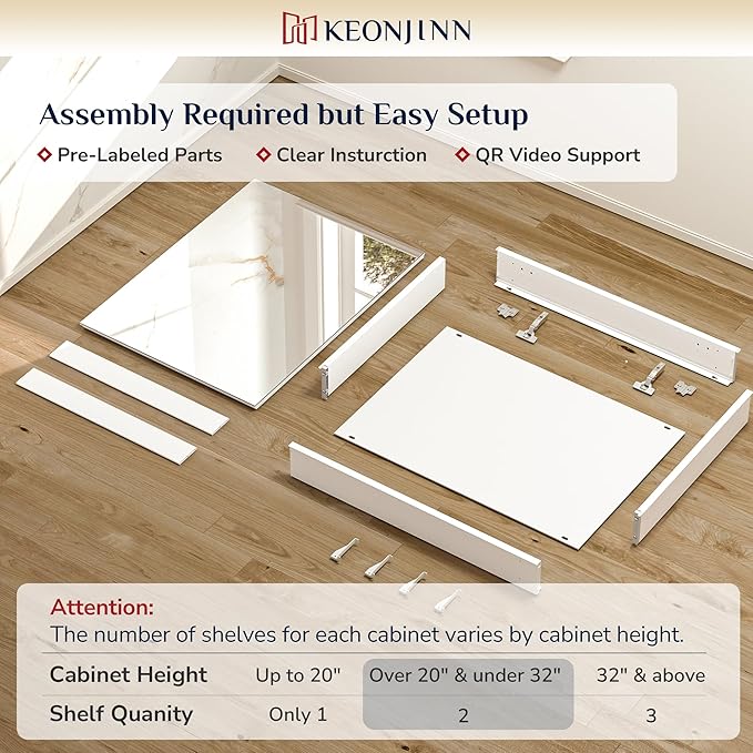 Keonjinn 40 x 26 Inch Medicine Cabinet, Assembly Required, White Bathroom Medicine Cabinets Mirror, Lightweight, Adjustable Shelves, Surface Mount or Recessed, Tempered Glass
