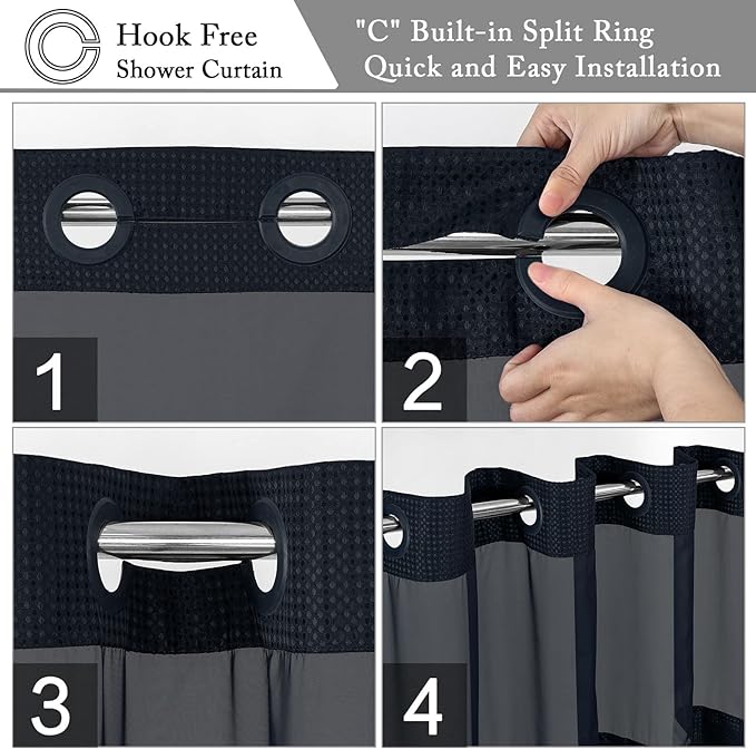 Gibelle No Hook Waffle Weave Shower Curtain with Snap-in Fabric Liner Set for Bathroom, Hotel Style with Mesh Top Window, Waterproof & Washable, Navy Blue, 72x74