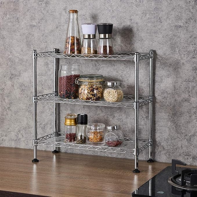 3 Tier Storage Racks Shelving, Heavy Steel Pantry Shelves, Adjustable Wire Shelving Rack, Suitable for Garage, Kitchen, Bathroom, Office, 18" W x 8" D x 18" H, Chrome