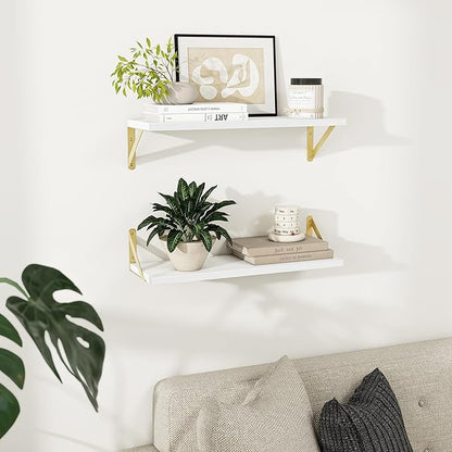 Deep Floating Shelves for Wall, 24W x 8D Wall Mounted Shelves Set of 2, Wide Display Ledge Shelf with Sturdy Metal Brackets for Living Room, Bathroom, Bedroom and Kitchen, White with Gold Brackets