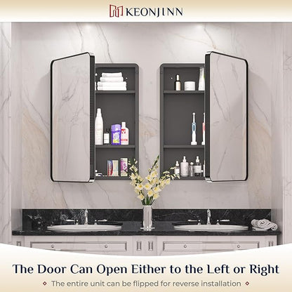Keonjinn Black Medicine Cabinet 17 x 25 Inch, Heavy & Solid Bathroom Medicine Cabinet with Mirror, Stainless Steel Framed, Adjustable Shelves, Recessed or Wall Mount, Bathroom Mirror with Storage