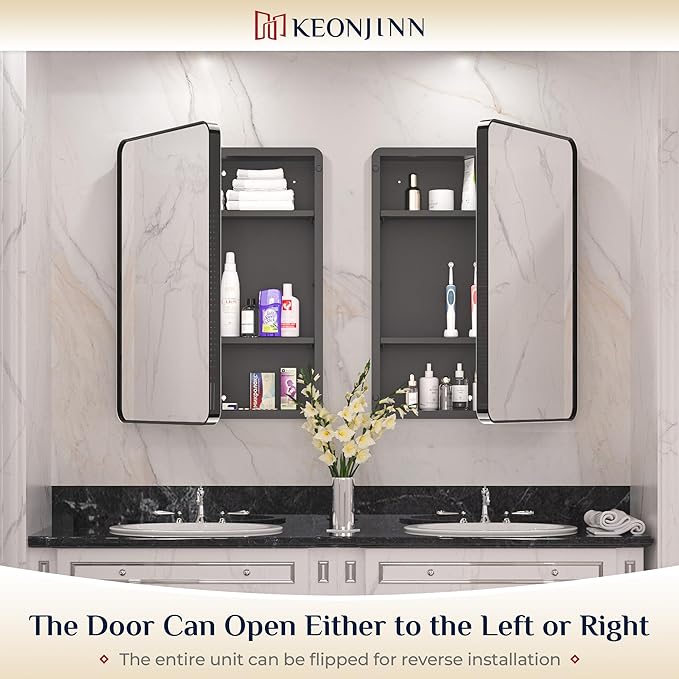 Keonjinn 24 x 32 Inch Black Recessed Medicine Cabinets, Bathroom Mirrored Medicine Cabinet, Gloss Black Stainless Steel Framed, Adjustable Shelves, in Wall or Surface Mount, Sturdy & Heavy, Farmhouse