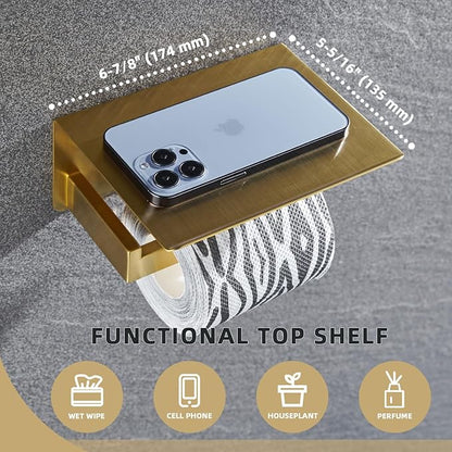 Angle Simple Toilet Paper Holder with Shelf, 304 Stainless Steel Bathroom Tissue Roll Holder for Wall, Brassy Gold