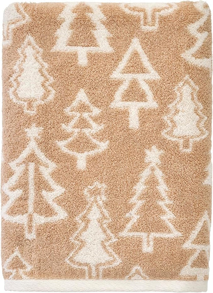 SKL Home Christmas/Winter Mod Tree 100% Cotton Premium Bath Towel, 500 GSM, Soft & Absorbent, Reversible Jacquard, Decorative, Tan