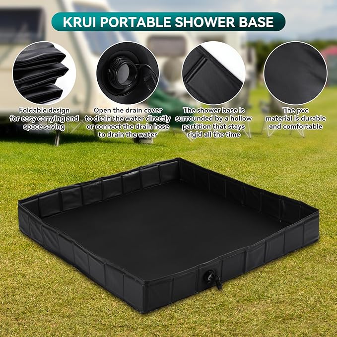 KRUI Camping Shower Base, Foldable Shower Tent Awning Base with Drain Hose to Keep Feet Clean, Portable Shower Pan for Indoor and Outdoor