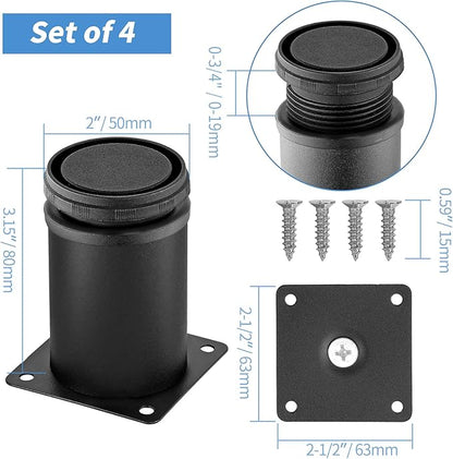 3 Inch Metal Furniture Legs Stainless Steel Adjustable Legs Black Metal Legs Round Cabinet Legs for Coffee Table Cabinet Desk Sofa Shelves, Pack of 4