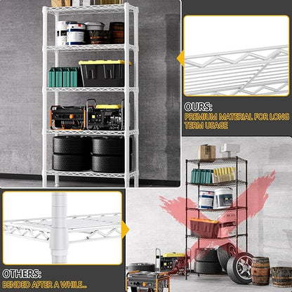 1250 lbs 5 Tier Shelf Metal Storage Shelves Wire Rack Closet Organizers for Garage Kitchen Bathroom Laundry White 11.8" D x 29.5" W x 59.5" H