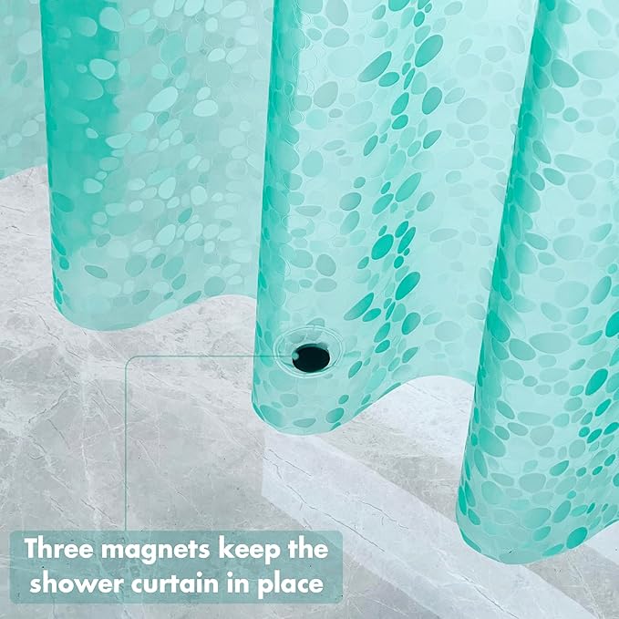 WELTRXE 8G EVA Clear Teal Shower Curtain with 3D Pebbles Design, 72x72 Inches Plastic Waterproof Shower Curtain Liner with Magnets/12 Hooks/Rustproof Grommets for Bathroom, Heavy Shower Liner