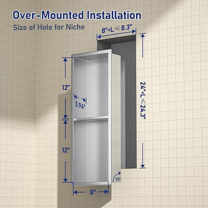 Stainless Steel Shower Niche 24"×8" Brushed with 2-Tier Shelf No Tiled Needed Niche Shower for Bathroom Wall Recessed Shower Box for Bathroom Storage