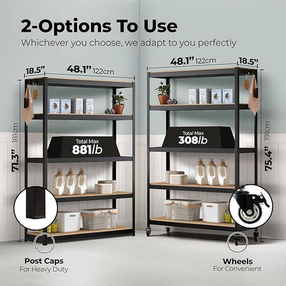 HOMEDANT House 5-Tier Metal Rolling Cart Shelf Rack Casters Heavy Duty Laminated Wheel Shelving Unit Adjustable Utility Storage Shelves Organizer Shelf Kitchen Garage (2, (L) 48.1" W, Black)