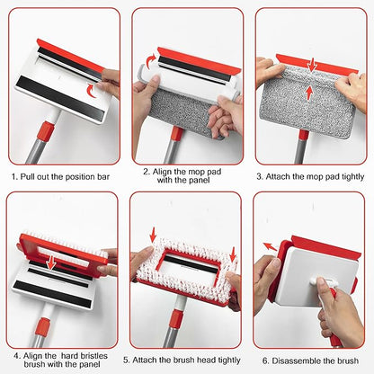 JEHONN Baseboard Cleaner Tool with Handle, 56 inches Base Boards Cleaning Mop Scrubber, 1 Stiff Bristles Brush, 2 Chenille and 2 Microfiber Pads, Wall Duster for Floorboard Ceiling Window Tile