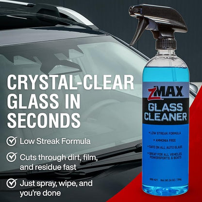 zMAX Glass Cleaner, 24 oz - Safe on All Auto Glass, Chrome Finishes, Mirrors, Windows, and Windshield - Streak-Free, Non-Abrasive, & Ammonia Free Window Cleaner for All Vehicles, Powersports, & Boats