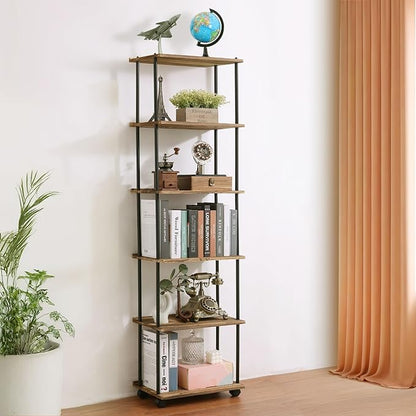 GETALL Tall Bookshelf with Wheels, 6 Tier Solid Wood Bookcase for Small Spaces, Corner Bookshelf Storage Organizer for CDs, Movies, Narrow Movable Shelfing Unit for Bedroom, Living Room