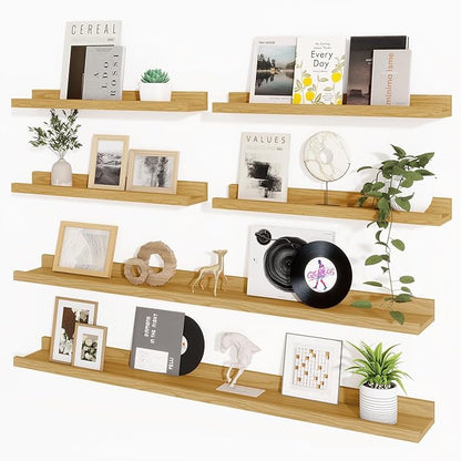 Axeman Picture Ledge Shelf, Floating Shelves for Wall Decor Storage Set of 6, 48 inch Floating Wall Mounted Shelves, Shelves with Lip for Living Room, Bedroom, Nursery, Bathroom, Kitchen, Oak