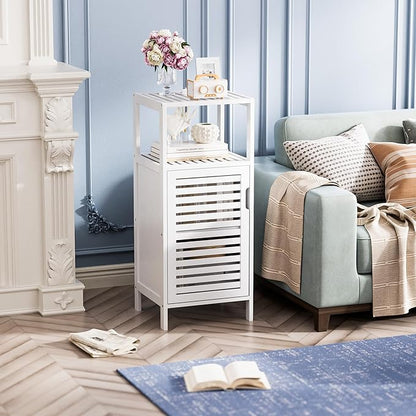 HITNET Bamboo Bathroom Storage Cabinet, 4 Tier Small White Floor Cabinet with Single Door, Free Standing Slim Narrow Storage Organizer for Bedroom Living Room