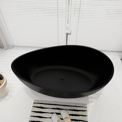 SJ STAR&JANE 63" x 38" Solid Surface Freestanding Bathtub, Oval Soaking Tub with Overflow and Pop-up Drain for Bathroom Matte Black