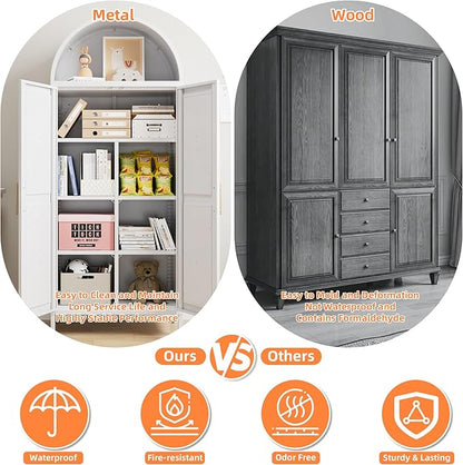 Kitchen Pantry Cabinet, Metal Arched Storage Cabinet with Doors and Adjustable Shelves, Farmhouse Cupboard for Dining Room, Living Room, Bathroom(White
