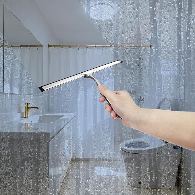 10-Inch Shower Squeegee with Hanger, All-Purpose Stainless Steel and TPR Rubber for Streak-Free Cleaning on Glass Shower Doors, Mirrors, Windows, Tile and Car Glass