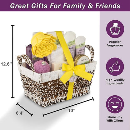 Spa Baskets For Women - Luxury Bath Set With Lavender & Tea Tree Oil - Spa Kit Includes Wash, Bubble Bath, Lotion, Bath Salts, Body Scrub, Hand Cream, Shower Puff, Bathbombs, Soap and Towel