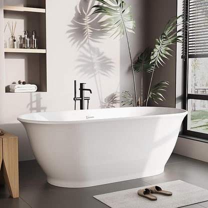 Freestanding Bath Tub 59 Inch Acrylic Oval Soaking Tub – Extra Large Freestanding Bathtub for Modern Bathroom Remodel, Stand Alone Soaking Tub for 1–2 People, Integrated Overflow, Glossy White Finish