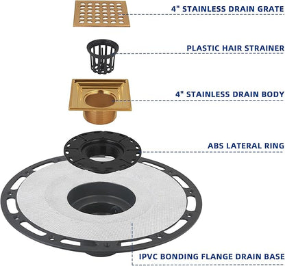 Square Shower Drain, 4-Inch Polished Gold Kit with Bonding Flange, Removable Stainless Steel Grate, Drain Key & Hair Strainer, Fits 2" & 3" Pipes for Tiled Floors