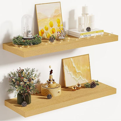 Vivelove 10" Deep Floating Shelves Over Toilet, 24" Wall Shelves for Bathroom Bedroom Kitchen Living Room Laundry Room, Modern Rustic Shelves for Home Decor, 24"x10.2"x1.5", Set of 2, Oak