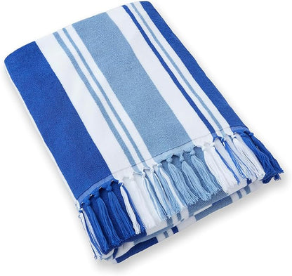 Laguna Beach Textile Co. Striped Cabana Beach Towel - Oversized, Plush 630 GSM Cotton - Bahama Blue