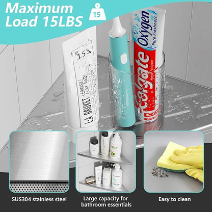 Corner Shower Shelf Brushed Nickel, 304 Stainless Steel 11.5” Recessed Corner Shelf Bathroom for Tiled Wall, Floating Shower Shelves Shampoo Holder, No Drilling, 2 Pack