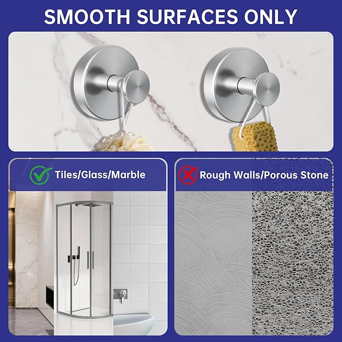 luckin smile Suction Cup Hooks for Shower, No-Drill Removable Towel Hook for Bathrooms, Shower Hooks, Suitable for Bathrooms, Kitchens, Windows, Glass, Powerful Suction Cup Hook (2, Silver)