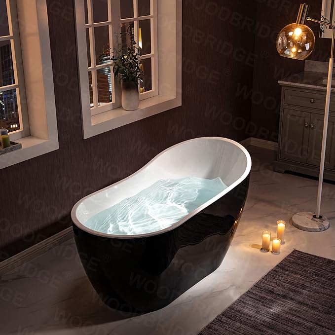 WOODBRIDGE 54" Freestanding White Acylic Soaking Bathtub with Matte Black Drain and Overflow,Black,B1807-MB