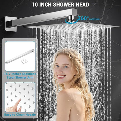 Rain Shower Faucet Set Wall Mounted Rainfall with Tub Spout Shower Head System Rough-in Valve Body and Trim Included Chrome (10 Inches)