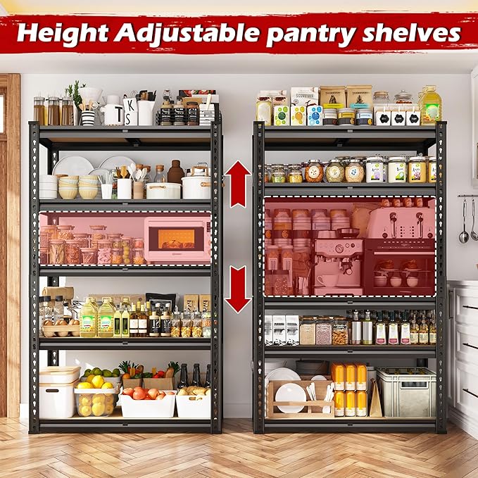 REIBII Storage Shelves 5 Tier Adjustable Garage Shelving Heavy Duty Metal Shelving 2020LBS Metal Shelf 59.8" H Pantry Shelf for Garage Pantry Closet Kitchen Basement 28" W x 12" D x 59.8" H, Black