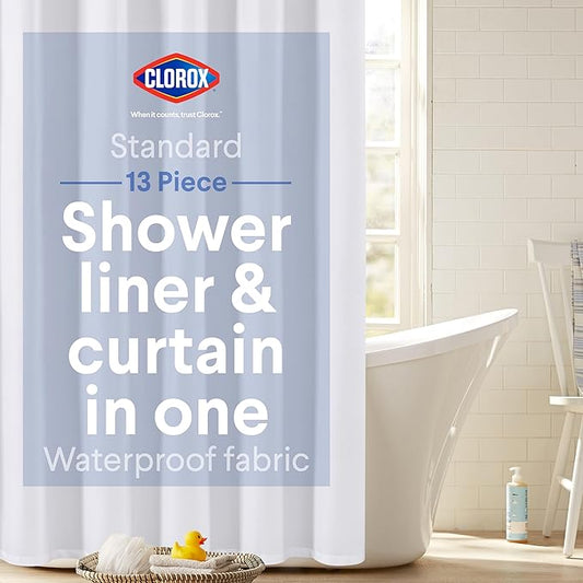 Clorox 2-in-1 Bathroom Shower Curtain Liner w Metal Hooks, Durable Fabric, Weighted Magnets for Bath Water Control, Washable Premium Quality, Modern - 72" x 72" White