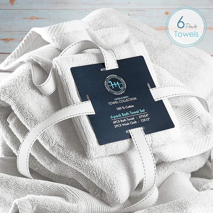 Hearth & Harbor Bath Towels for Bathroom - 100% Ring Spun Cotton Luxury Bathroom Towels - Ultra Soft & Highly Absorbent, Bath Towels Set of 6 - White
