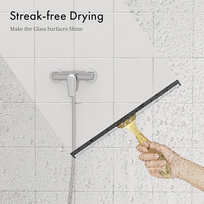 AmazerBath Shower Squeegee for Glass Doors, All-Purpose Squeegee with Suction Hook & Adhesive Hook, Clear Squeegee for Shower Glass, Windows, Mirrors, Tiles and Car Windows - 10 Inches, Clear Gold