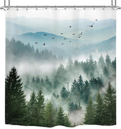 Riyidecor Green Mountain Shower Curtain 72Wx72H Inch Nature Scenery Foggy Pine Tree Scenic Woodland Greenery Landscape Mens Bathroom Decor Fabric Polyester Waterproof 12 Pack Hooks