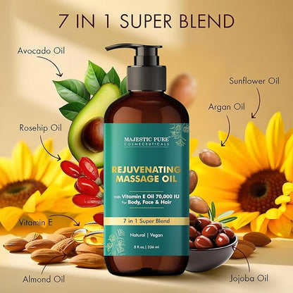 MAJESTIC PURE Vitamin E 70k Blend Massage Oil for Massage Therapy - Refreshing, and Relaxing - Natural Oils with Sweet Almond, Jojoba, Argan & Avocado - for All Skin Types - Men and Women - 8 fl oz