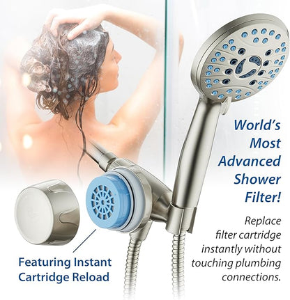 AquaCare Skin & Hair - World's Only Handheld Shower Head Filter with Built-in Hand Shower Bracket, ON/OFF Filtration Modes, Instant Cartridge Reload & Stay-Clean American KDF Cartridge, Satin Nickel