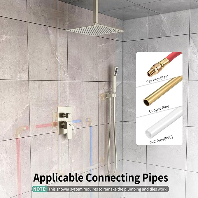 SR SUN RISE 12 Inch Ceiling Mount Brushed Nickel Shower System Bathroom Luxury Rain Mixer Shower Combo Set Ceiling Rainfall Shower Head System Faucet Trim Repair Kits with Rough-in Valve and Trim