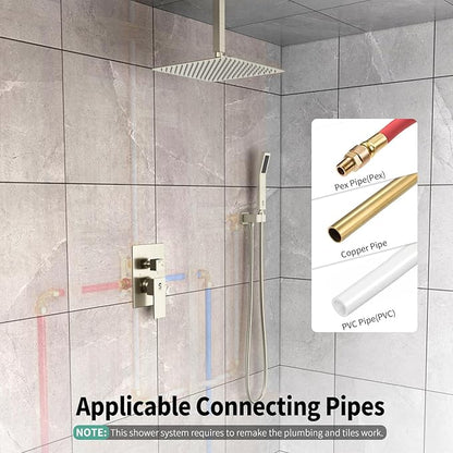 SR SUN RISE 12 Inch Ceiling Mount Brushed Nickel Shower System Bathroom Luxury Rain Mixer Shower Combo Set Ceiling Rainfall Shower Head System Faucet Trim Repair Kits with Rough-in Valve and Trim
