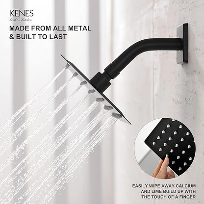 KENES Tub Shower Faucet Set Complete, Matte Black Tub and Shower Trim Kit with 6-Inch Rain Shower Head, Square Shower System, KE-6025A-2 (Shower Valve Included)