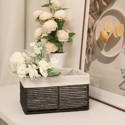 GYASVWU Hand-Woven Paper Rope Storage Baskets,Rectangular Wicker Baskets for Organizing,Decorative Woven Basket for Storage,Shelf Basket for Living Room,Storage Baskets for Pantry (Black - Small)
