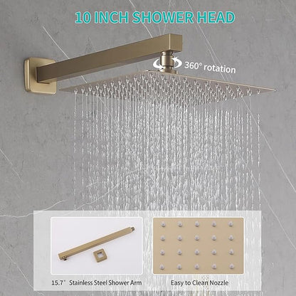 Brushed Gold Rain Shower System Combo: 10" Wall-Mounted Shower Fixtures with 2-in-1 Handheld Spray, Shower Valve with Body Jets, and Waterfall Spout Shower Faucet Set